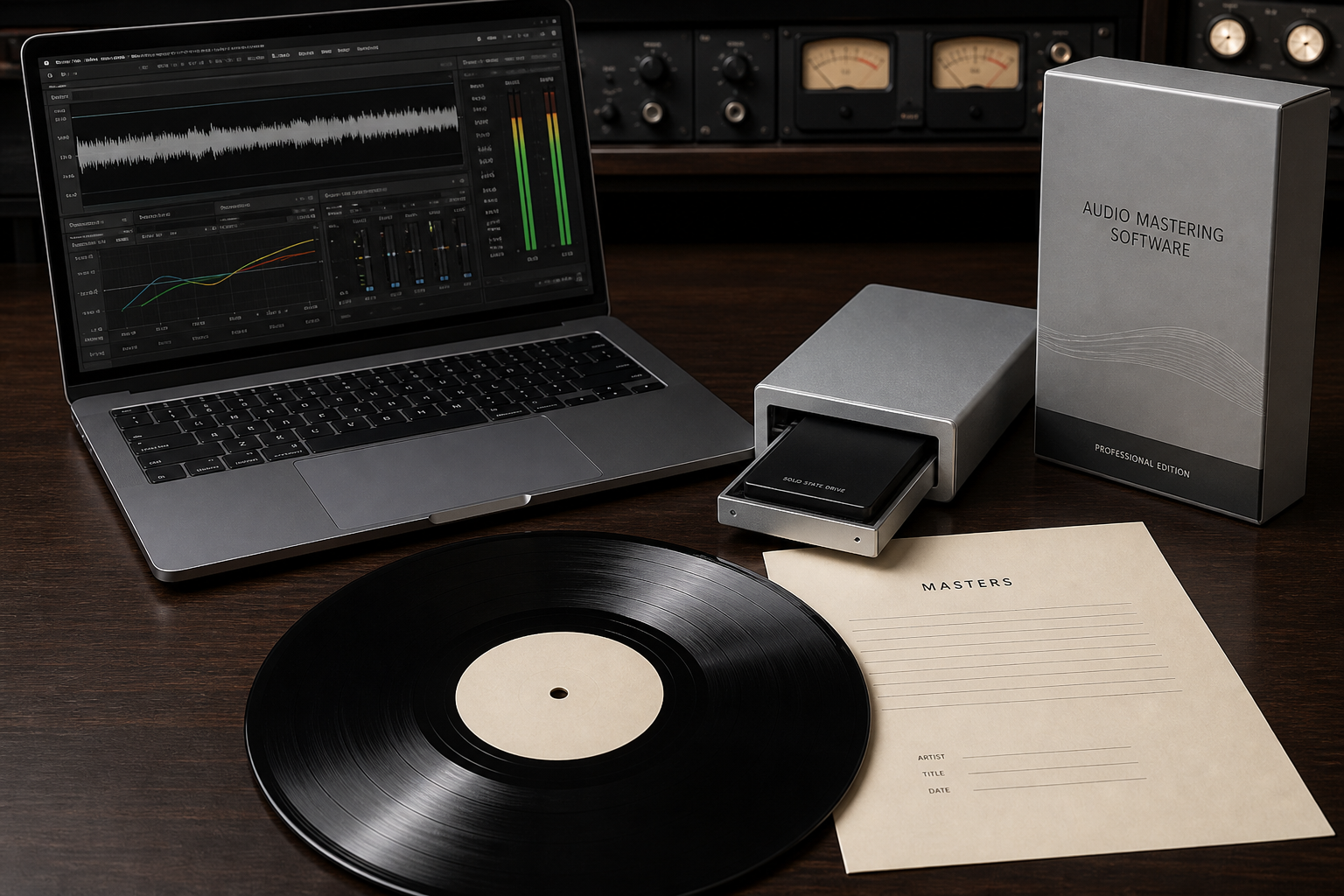 Computer hardware beside a lacquer disc on a mastering desk