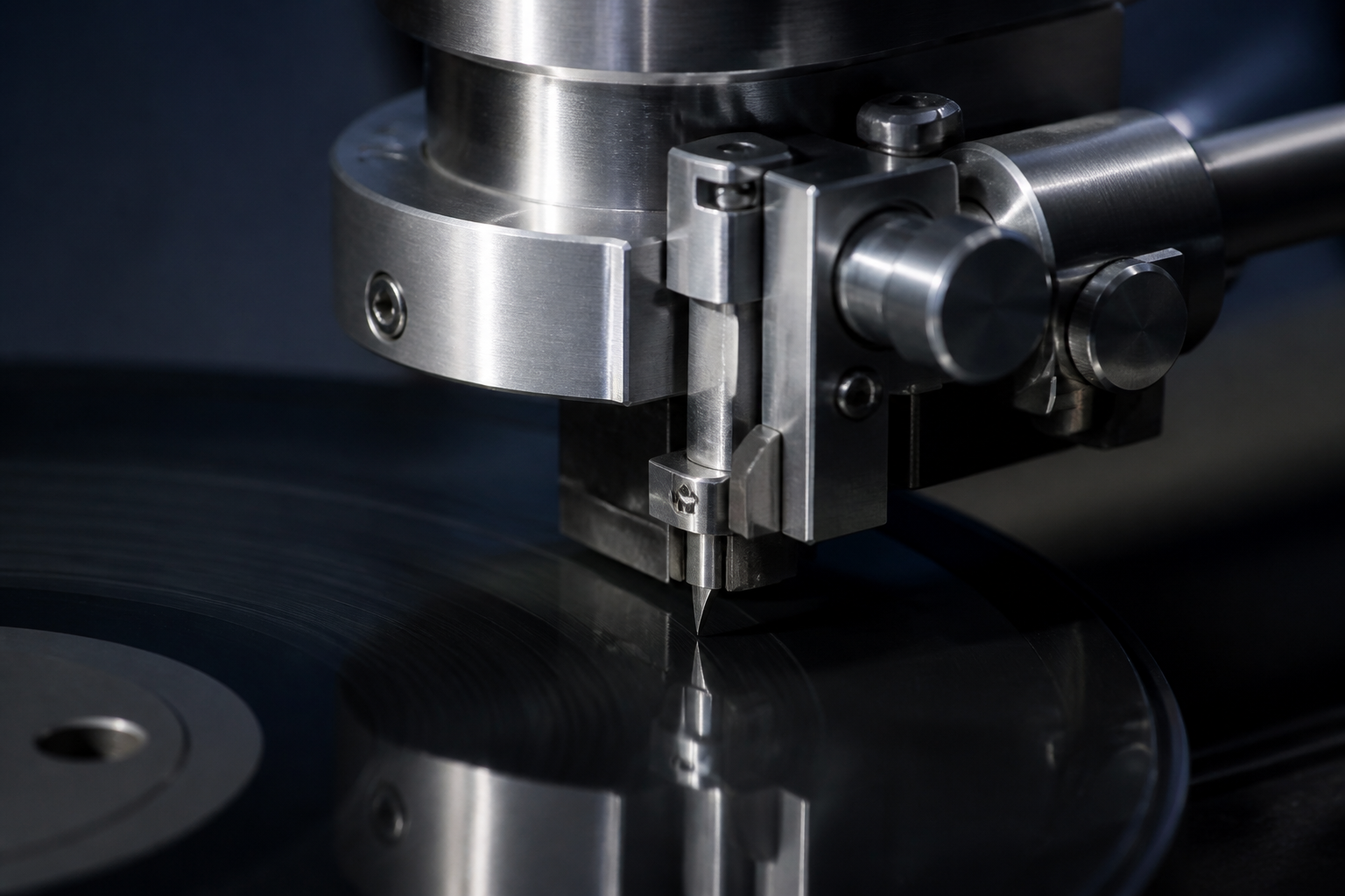 Brushed metal cutting head above a black lacquer surface