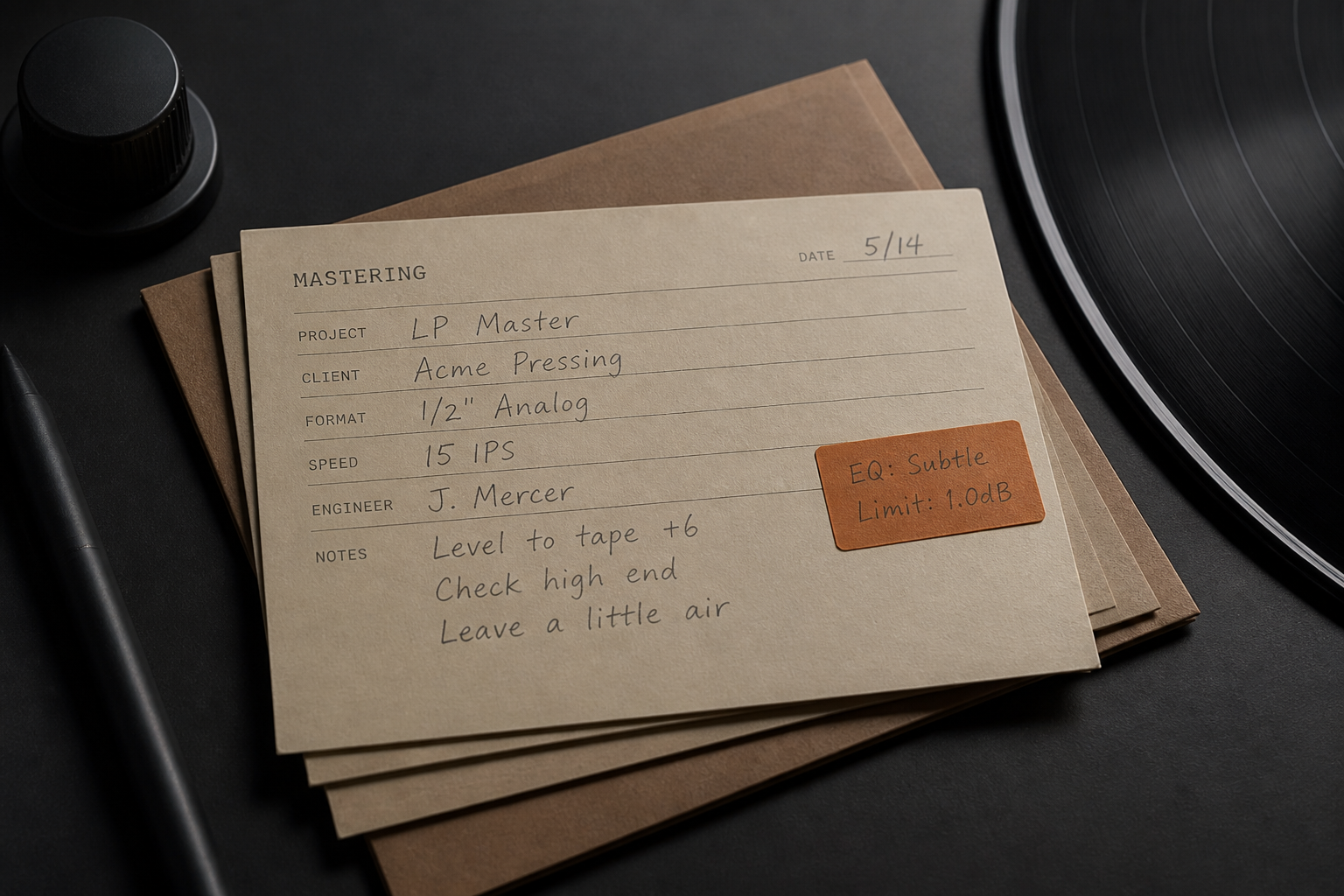 Cream mastering notes and kraft sleeve on a dark desk with a vinyl edge