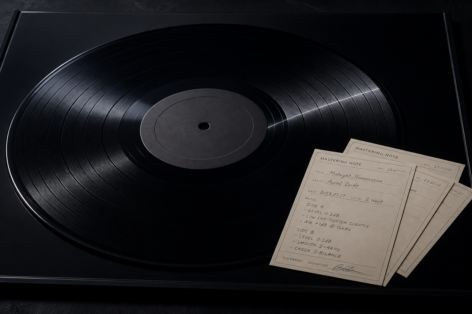 Large black lacquer panel with cream mastering notes at the edge