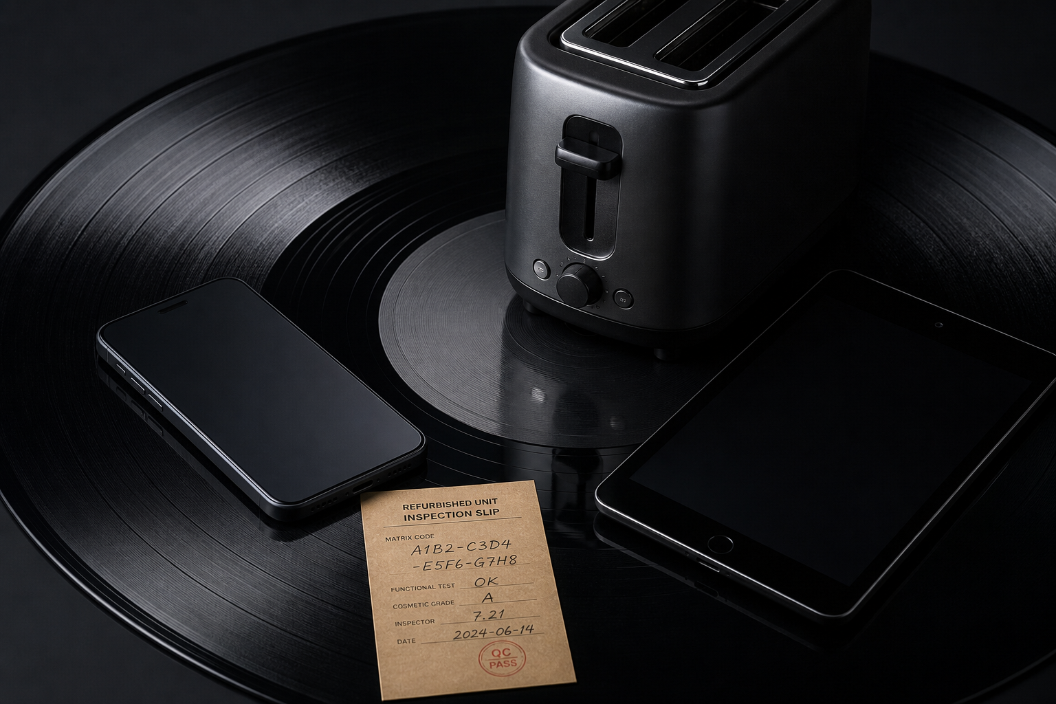 Refurbished devices arranged on a black lacquer disc