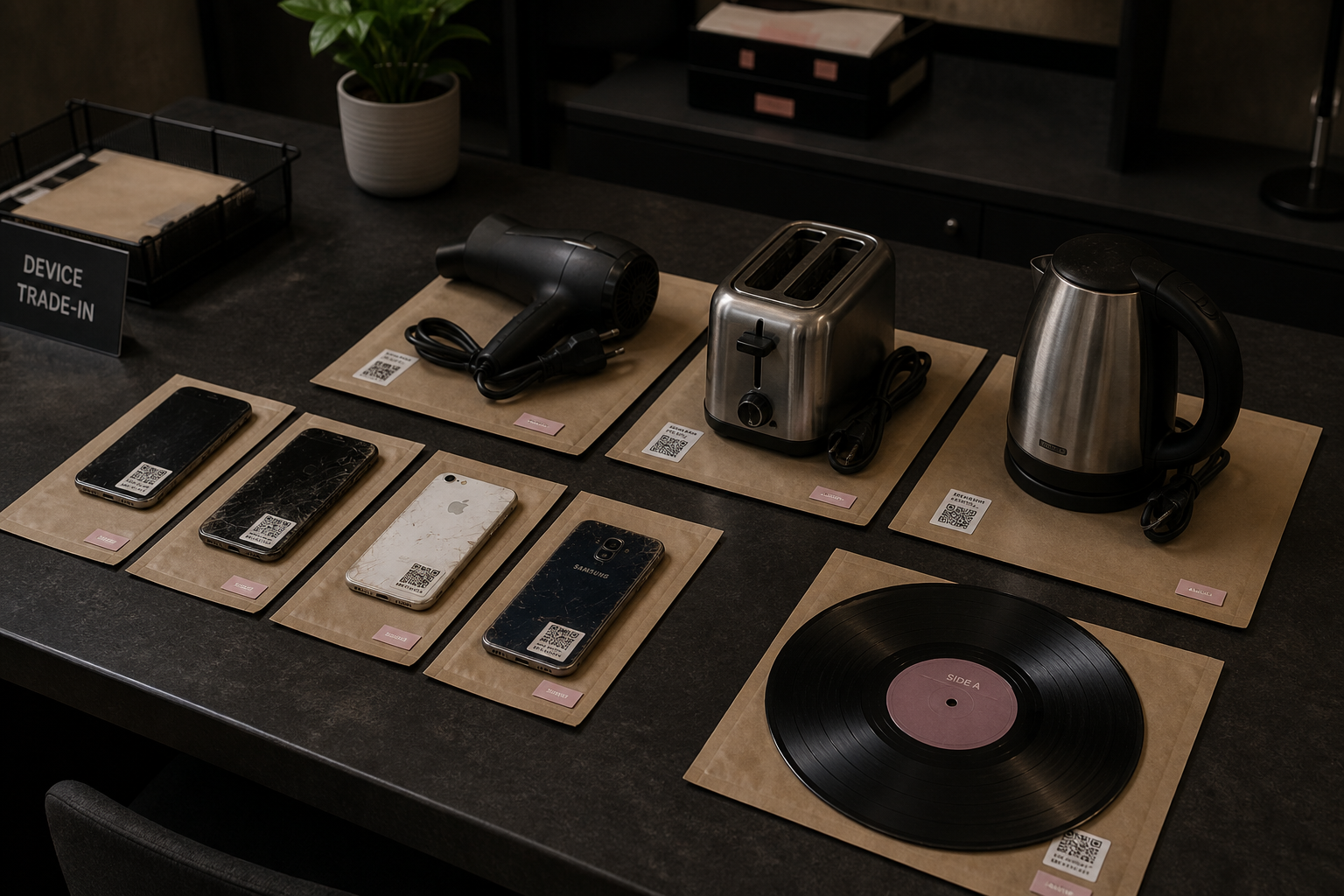 Device trade-in line on kraft sleeves beside a vinyl disc