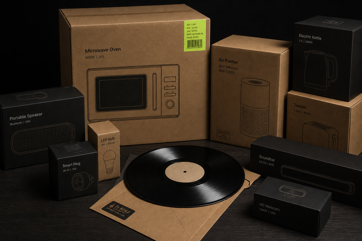 Wholesale electronics cartons around a vinyl disc